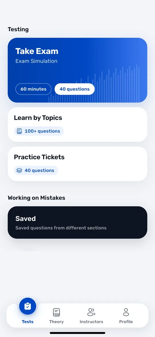 Screens from the Drive USA app: Practice tests